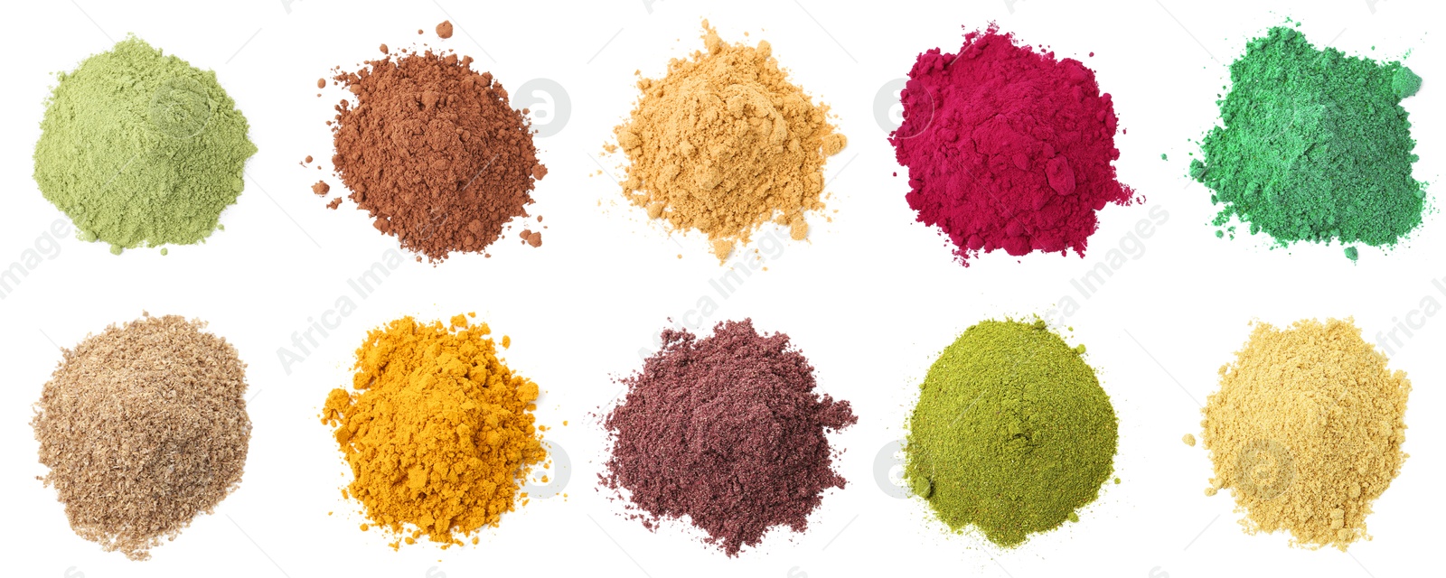 Image of Different superfood powders on white background, set. Top view