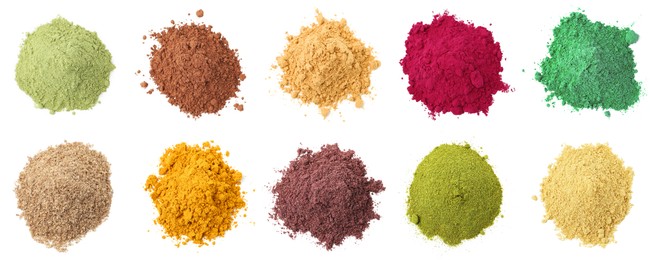 Image of Different superfood powders on white background, set. Top view