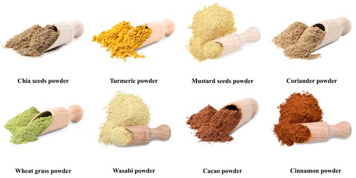 Image of Different superfood powders, scoops and names on white background, collage