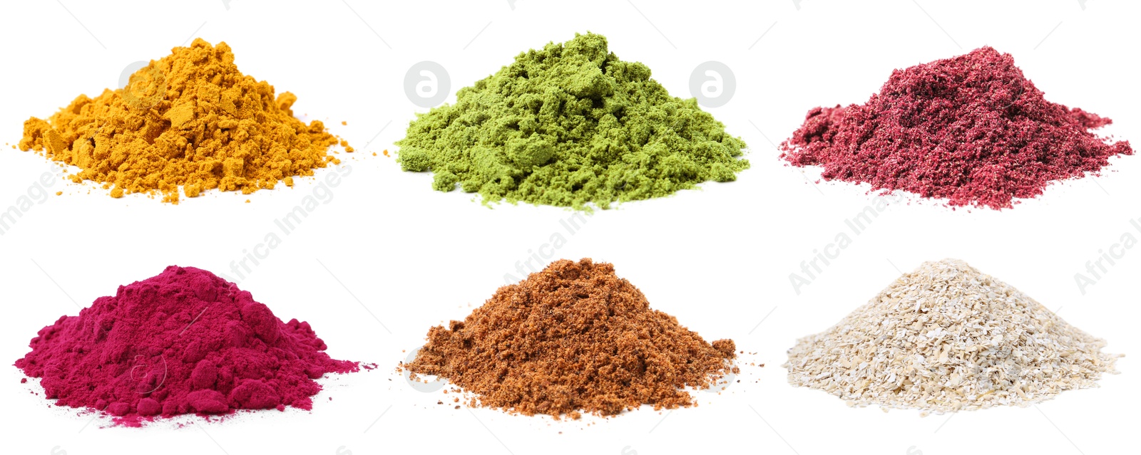 Image of Different superfood powders on white background, collage