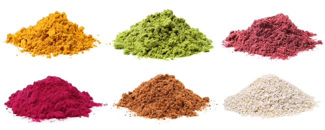 Image of Different superfood powders on white background, collage