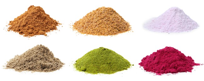 Image of Different superfood powders on white background, collage