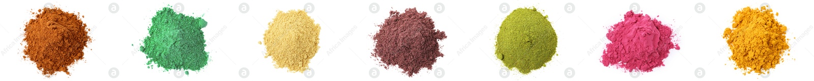 Image of Different superfood powders on white background, set. Top view