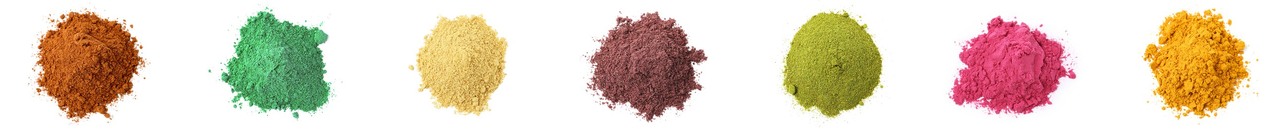 Image of Different superfood powders on white background, set. Top view