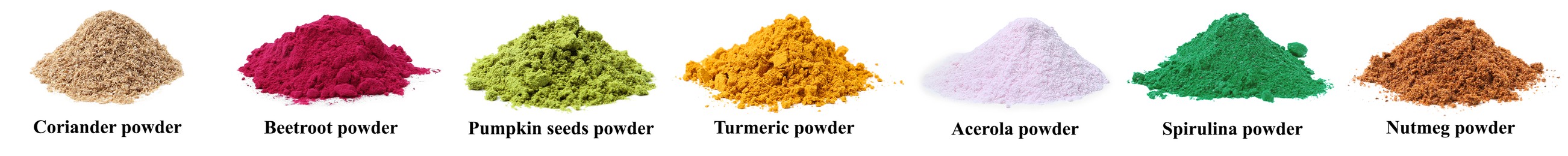 Image of Different superfood powders and names on white background, set