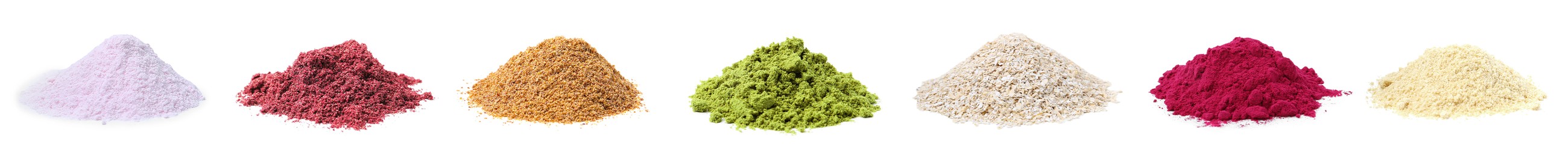 Image of Different superfood powders on white background, set