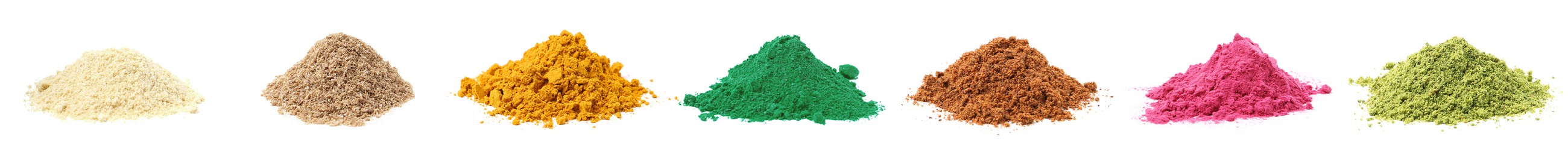 Image of Different superfood powders on white background, set