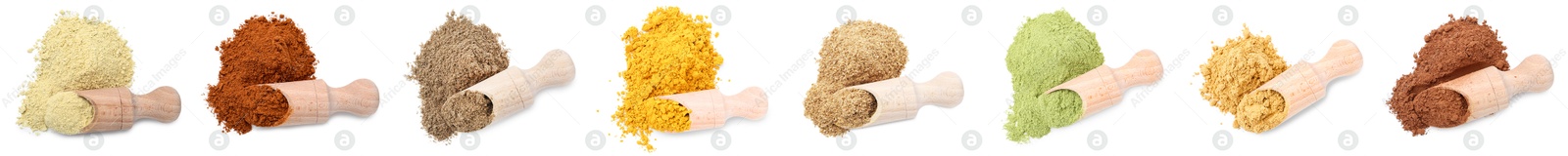 Different superfood powders and scoops on white background, set. Top view Image of Different superfood powders and scoops on white background, set. Top view