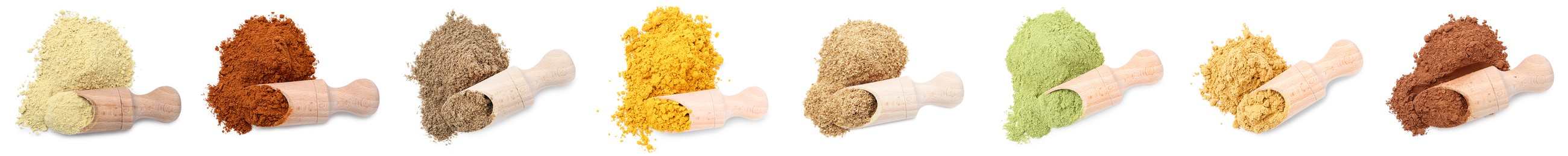 Image of Different superfood powders and scoops on white background, set. Top view