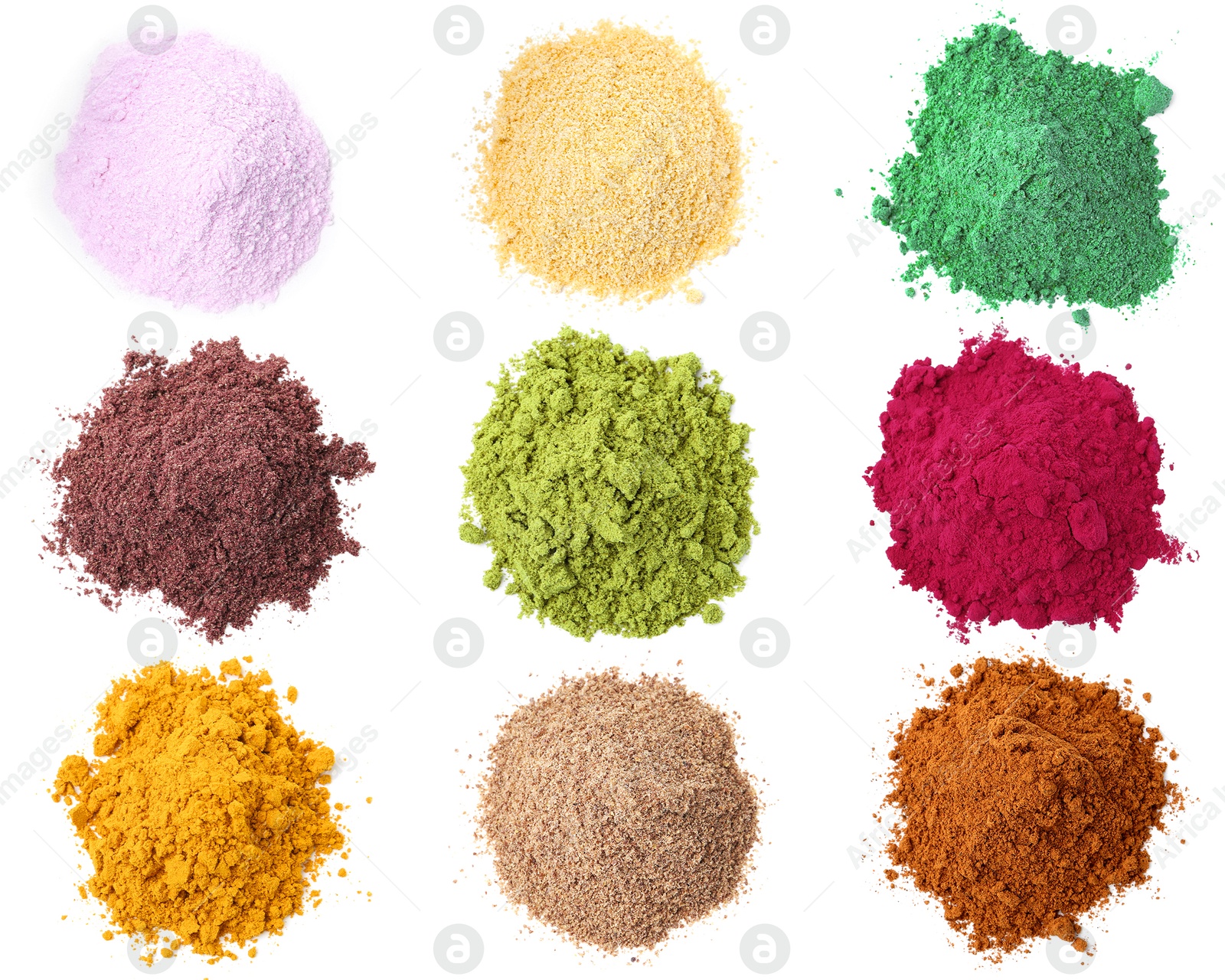 Different superfood powders on white background, collage. Top view Image of Different superfood powders on white background, collage. Top view