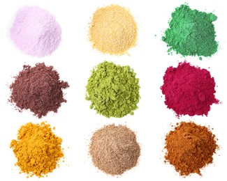 Image of Different superfood powders on white background, collage. Top view