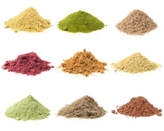 Image of Different superfood powders on white background, collage