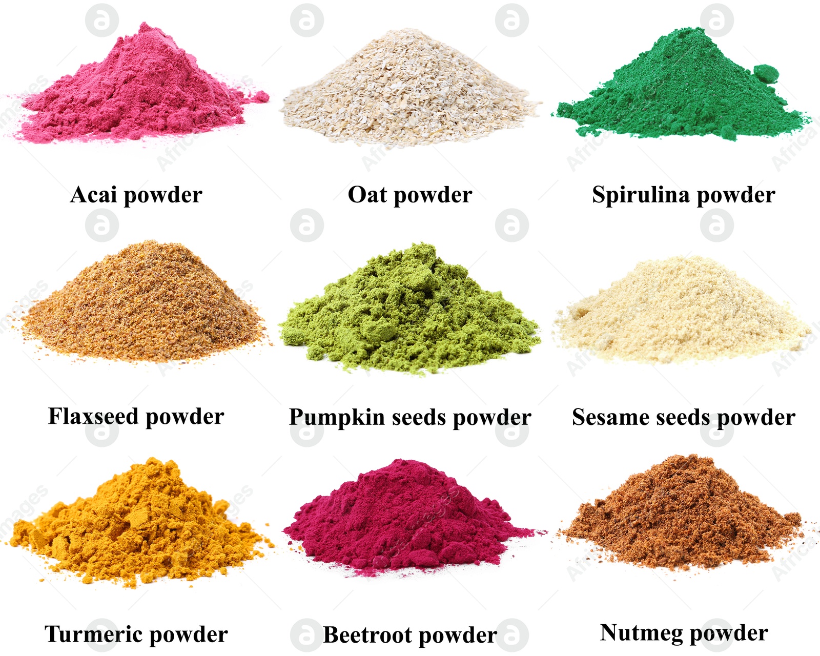 Different superfood powders and names on white background, collage Image of Different superfood powders and names on white background, collage