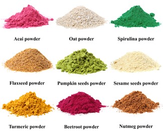 Image of Different superfood powders and names on white background, collage