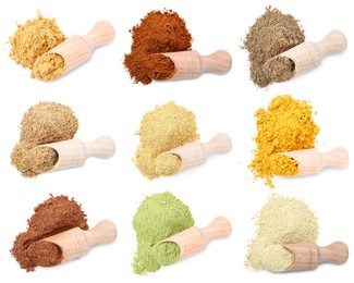 Image of Different superfood powders and scoops on white background, collage. Top view