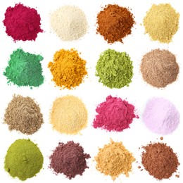 Image of Different superfood powders on white background, collage. Top view