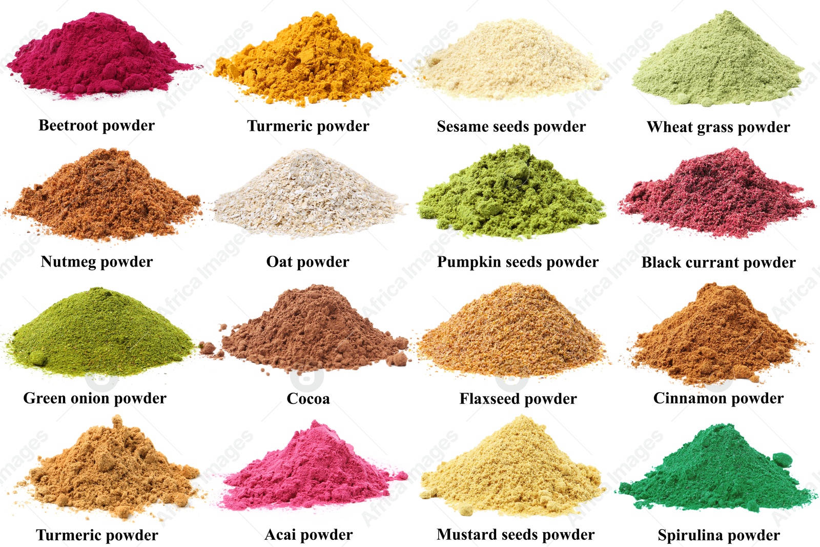 Different superfood powders and names on white background, collage Image of Different superfood powders and names on white background, collage