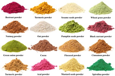 Image of Different superfood powders and names on white background, collage