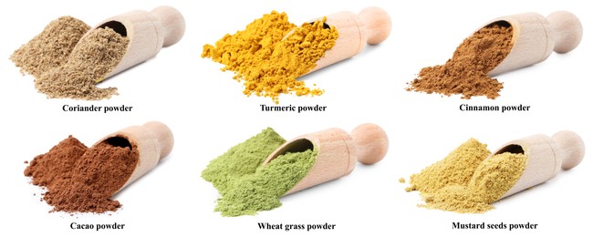 Image of Different superfood powders, scoops and names on white background, collage