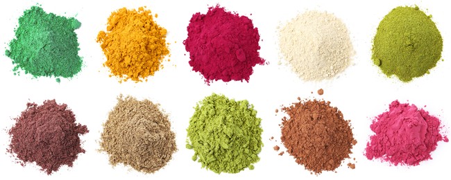 Image of Different superfood powders on white background, collage. Top view