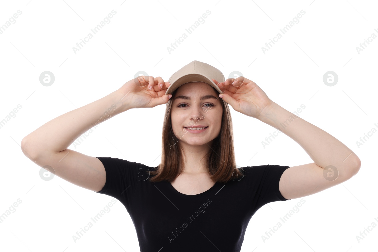 Young woman wearing stylish beige baseball hat on white background Photo of Young woman wearing stylish beige baseball hat on white background