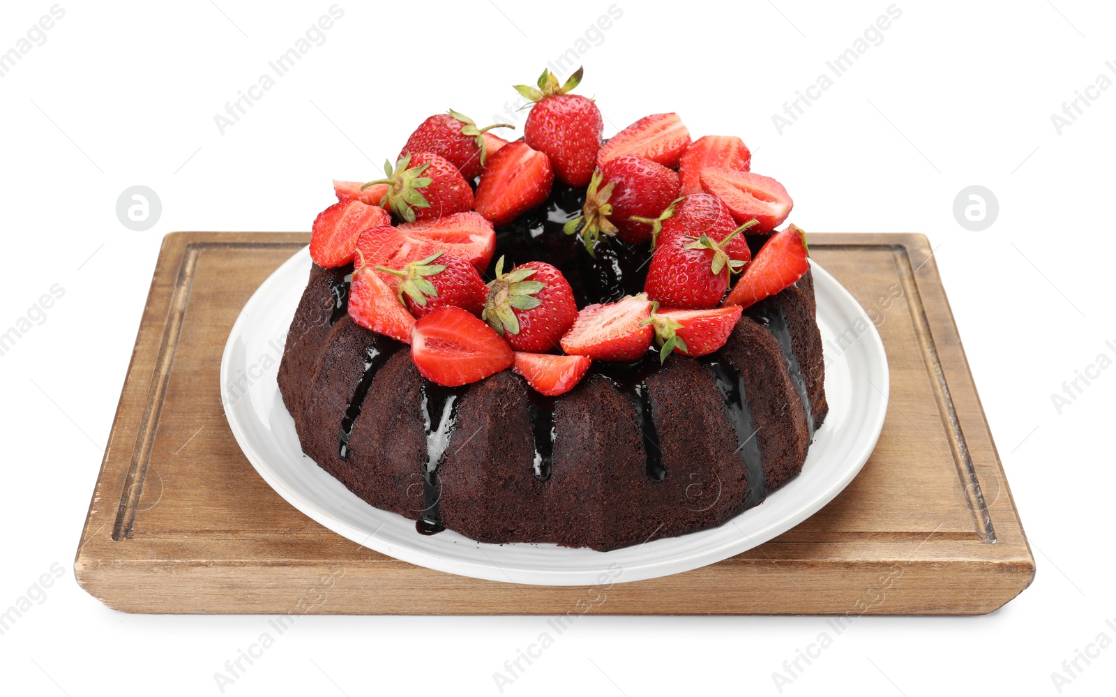 Delicious chocolate bundt cake with strawberries isolated on white Photo of Delicious chocolate bundt cake with strawberries isolated on white