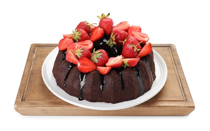 Photo of Delicious chocolate bundt cake with strawberries isolated on white