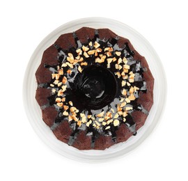 Photo of Delicious chocolate bundt cake with nuts isolated on white, top view