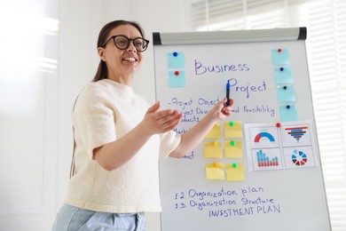 Photo of Woman giving public speech near whiteboard indoors, low angle view