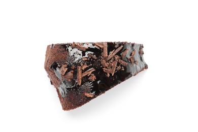 Photo of Piece of delicious chocolate bundt cake isolated on white, above view