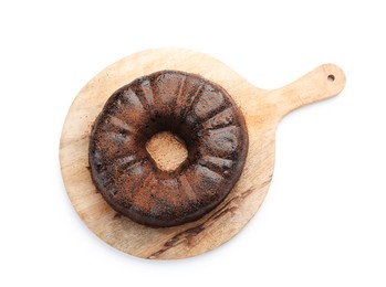 Photo of Delicious chocolate bundt cake isolated on white, top view