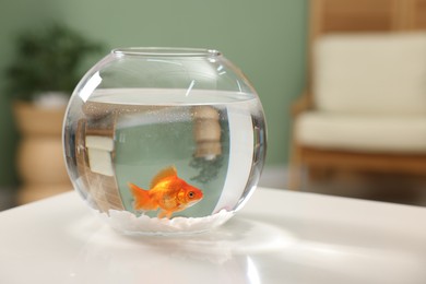 Photo of Gold fish swimming in aquarium with clean water on white table indoors