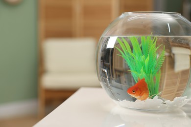 Photo of Gold fish swimming in aquarium with clean water on white table indoors, space for text
