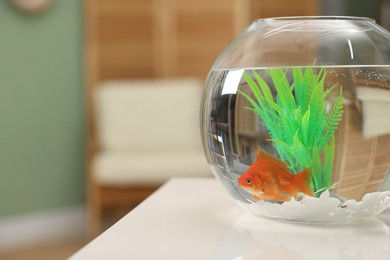 Photo of Gold fish swimming in aquarium with clean water on white table indoors, space for text