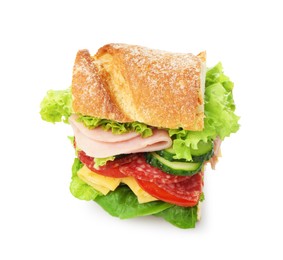 Photo of Tasty baguette sandwich with ham and vegetables isolated on white