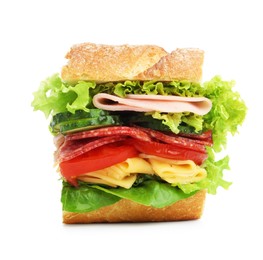 Photo of Tasty baguette sandwich with ham and vegetables isolated on white