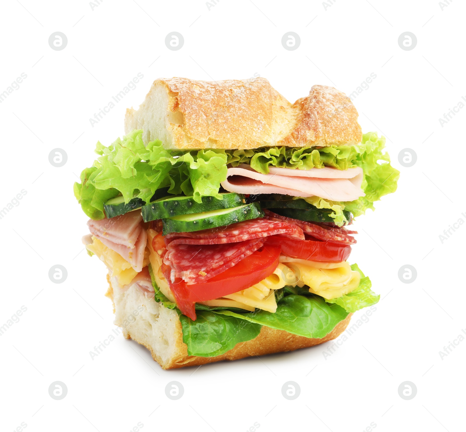 Tasty baguette sandwich with ham and vegetables isolated on white Photo of Tasty baguette sandwich with ham and vegetables isolated on white