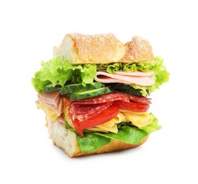 Photo of Tasty baguette sandwich with ham and vegetables isolated on white
