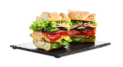 Photo of Tasty baguette sandwich with ham and vegetables isolated on white