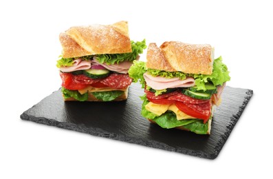 Photo of Tasty baguette sandwich with ham and vegetables isolated on white