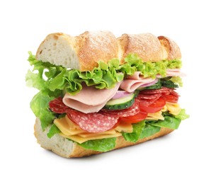 Photo of Tasty baguette sandwich with ham and vegetables isolated on white