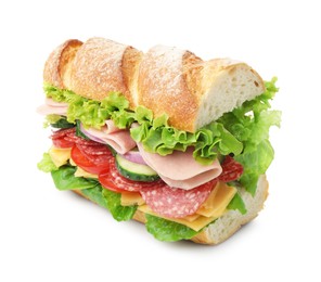 Photo of Tasty baguette sandwich with ham and vegetables isolated on white