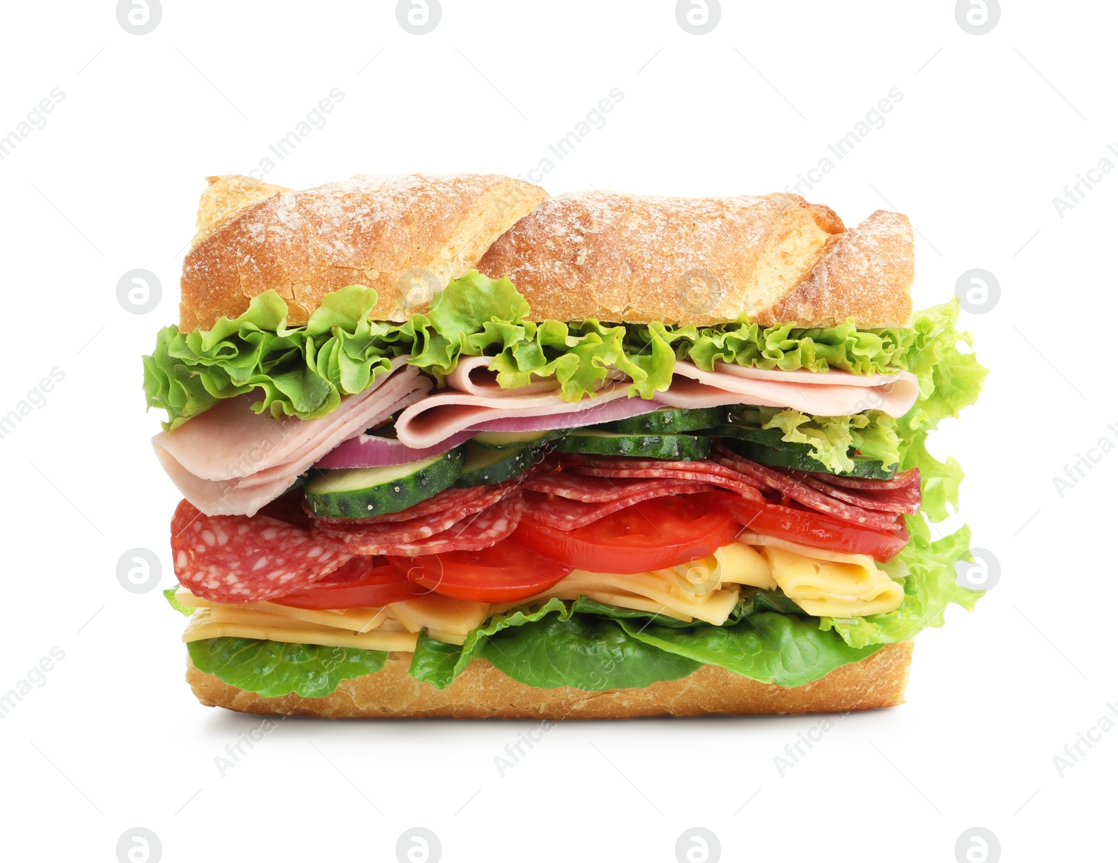 Tasty baguette sandwich with ham and vegetables isolated on white Photo of Tasty baguette sandwich with ham and vegetables isolated on white