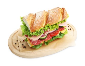 Photo of Tasty baguette sandwich with ham and vegetables isolated on white