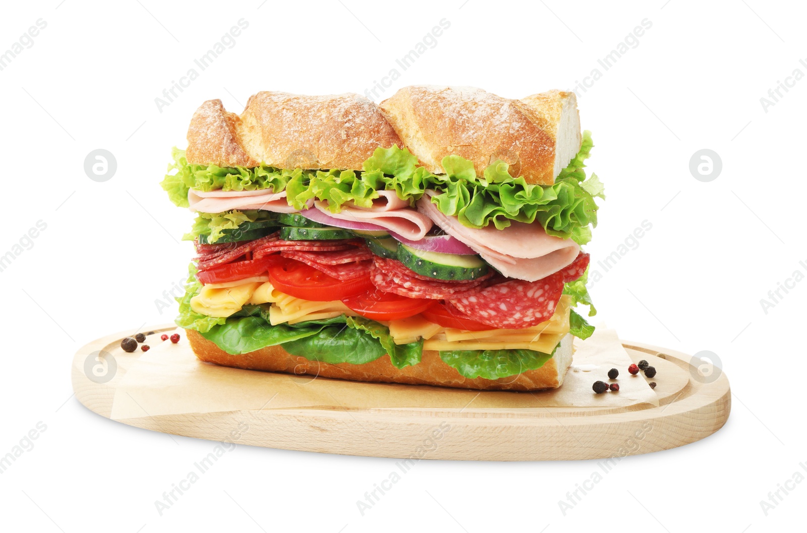 Tasty baguette sandwich with ham and vegetables isolated on white Photo of Tasty baguette sandwich with ham and vegetables isolated on white