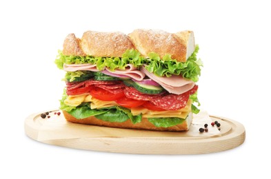 Photo of Tasty baguette sandwich with ham and vegetables isolated on white
