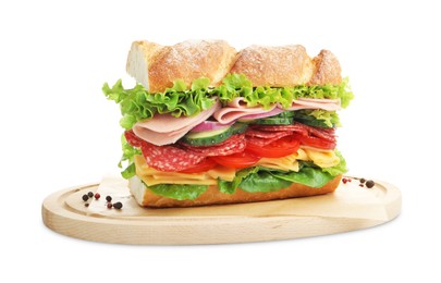 Photo of Tasty baguette sandwich with ham and vegetables isolated on white