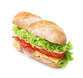 Photo of Tasty baguette sandwich with ham and vegetables isolated on white