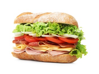 Photo of Tasty baguette sandwich with ham and vegetables isolated on white