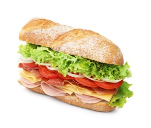 Photo of Tasty baguette sandwich with ham and vegetables isolated on white
